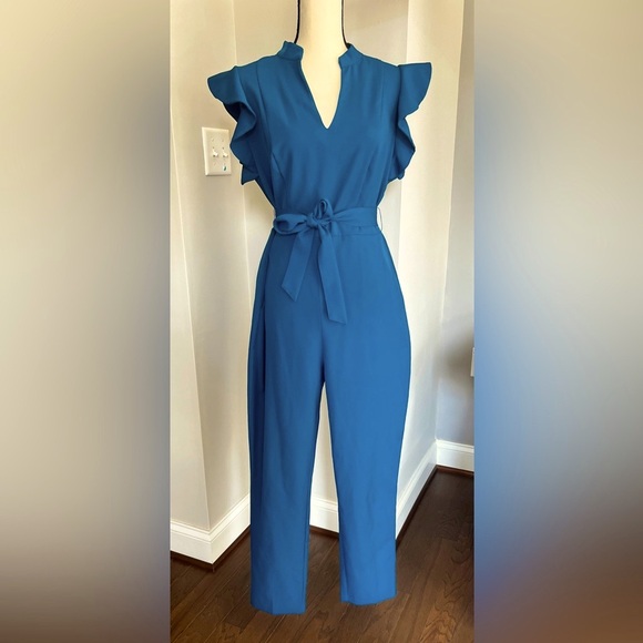 New York & Company Pants - Women’s Blue Ruffle Sleeve Jumpsuit with Belt